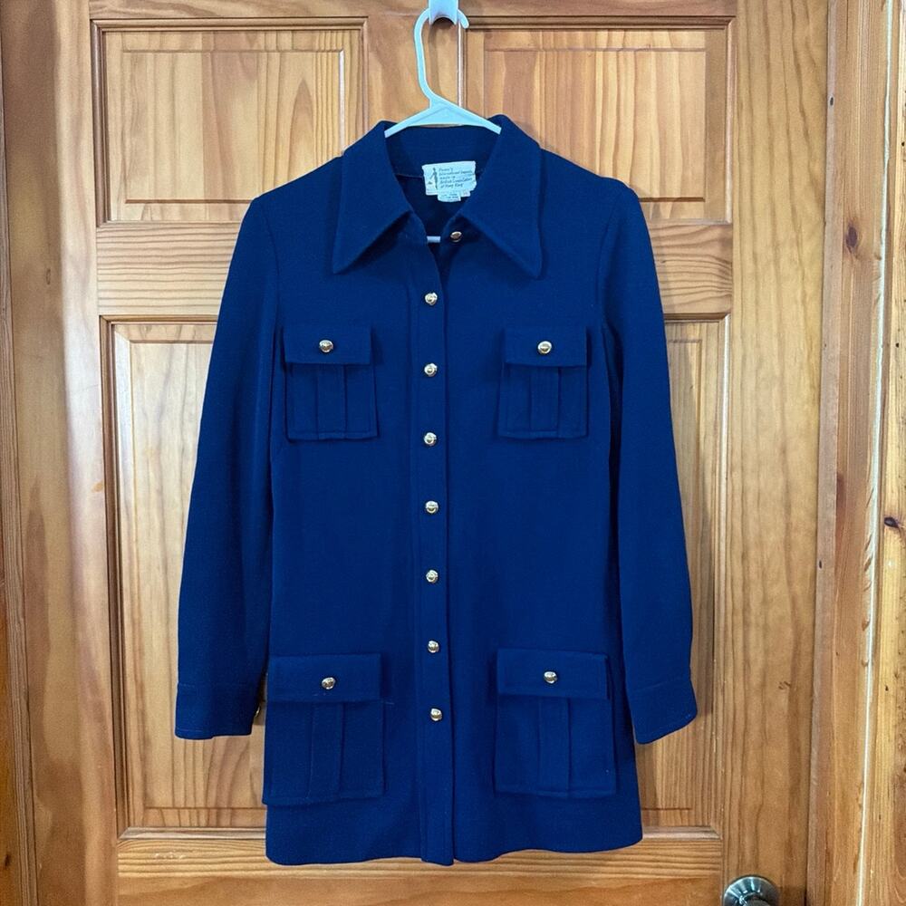Vintage Blue Military Style Button Front Women Jacket WOOL Size 10